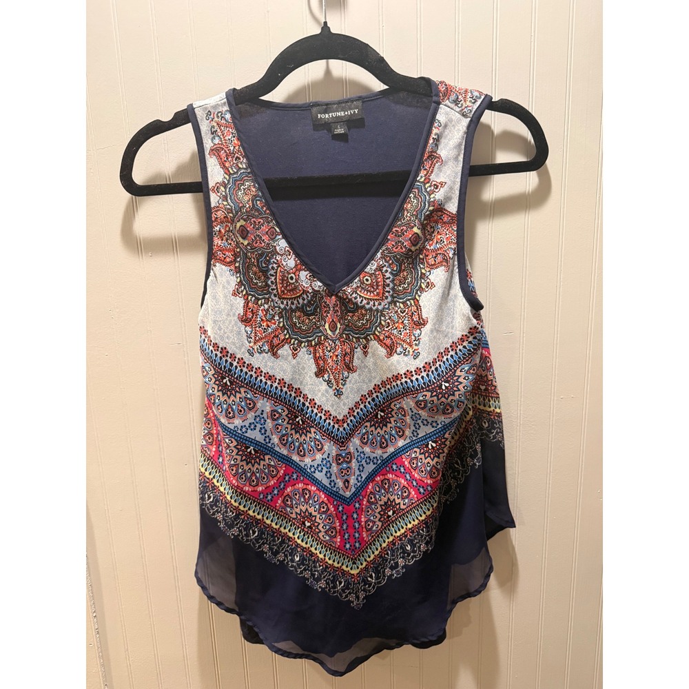 Fortune + Ivy Women Navy Paisley Medallion‎ V-Neck Sleeveless Chiffon Hem Tank S